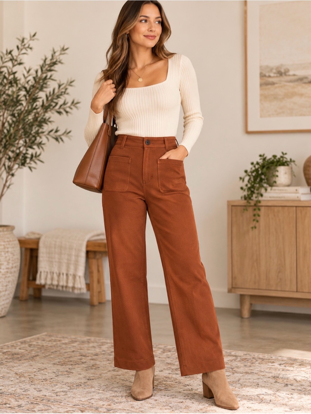 Tory Burch Wide Leg High-Rise Pants in Rust Brown